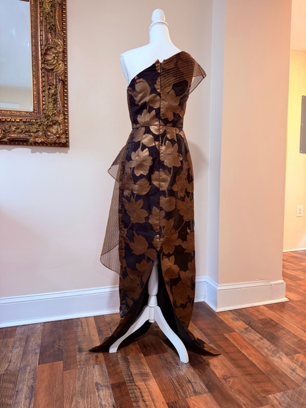 Theia One-Shoulder Black and Gold Floral Evening Gown - Picture 6 of 8